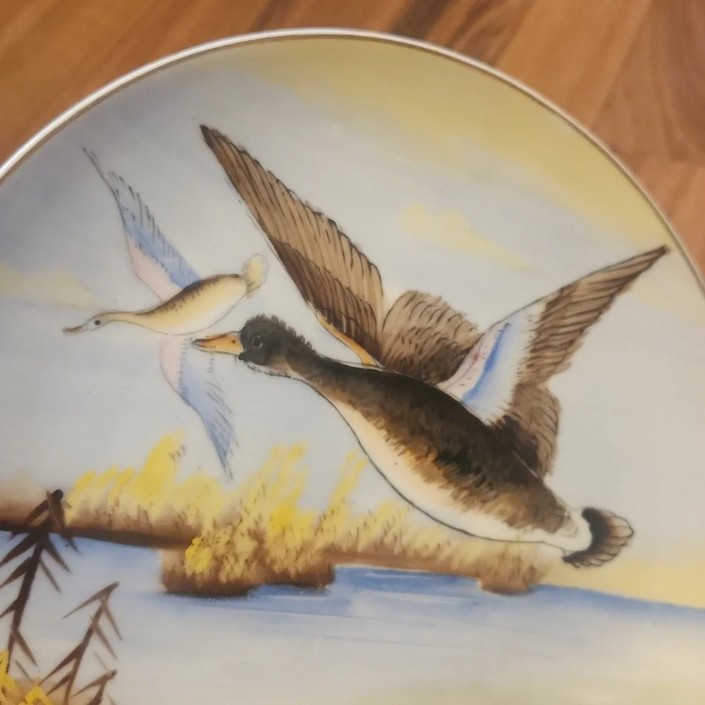Handpainted Plate Vintage Japanese Porcelain Flying Ducks Over Water